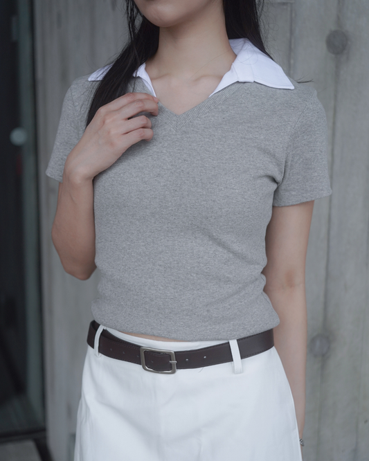 (SAMPLE SALE) Preppy Ribbed V-Neck (Grey)